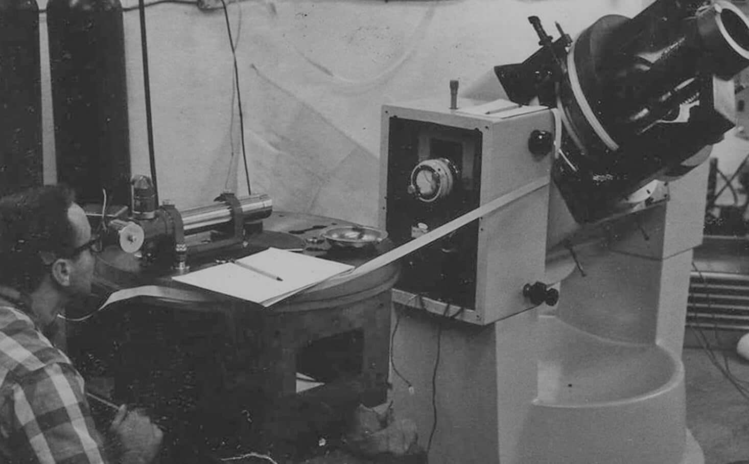 Founder Stephen J. Botos using an autocollimator to measure a system's performance, pre-Aerotech.